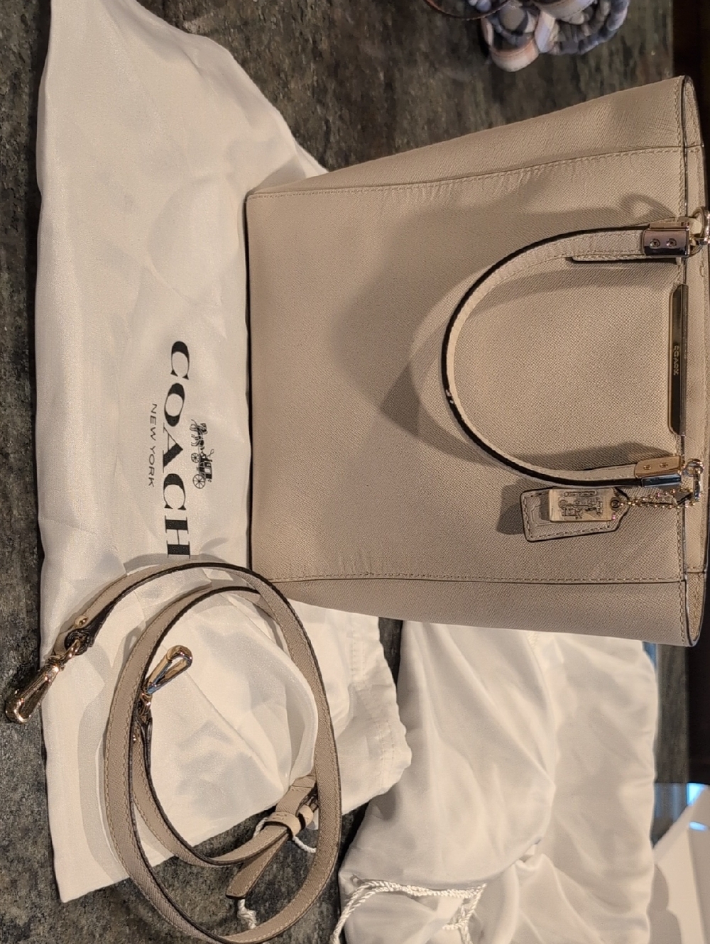 Coach Taupe Leather Tote with Removable Strap and Signature Tag